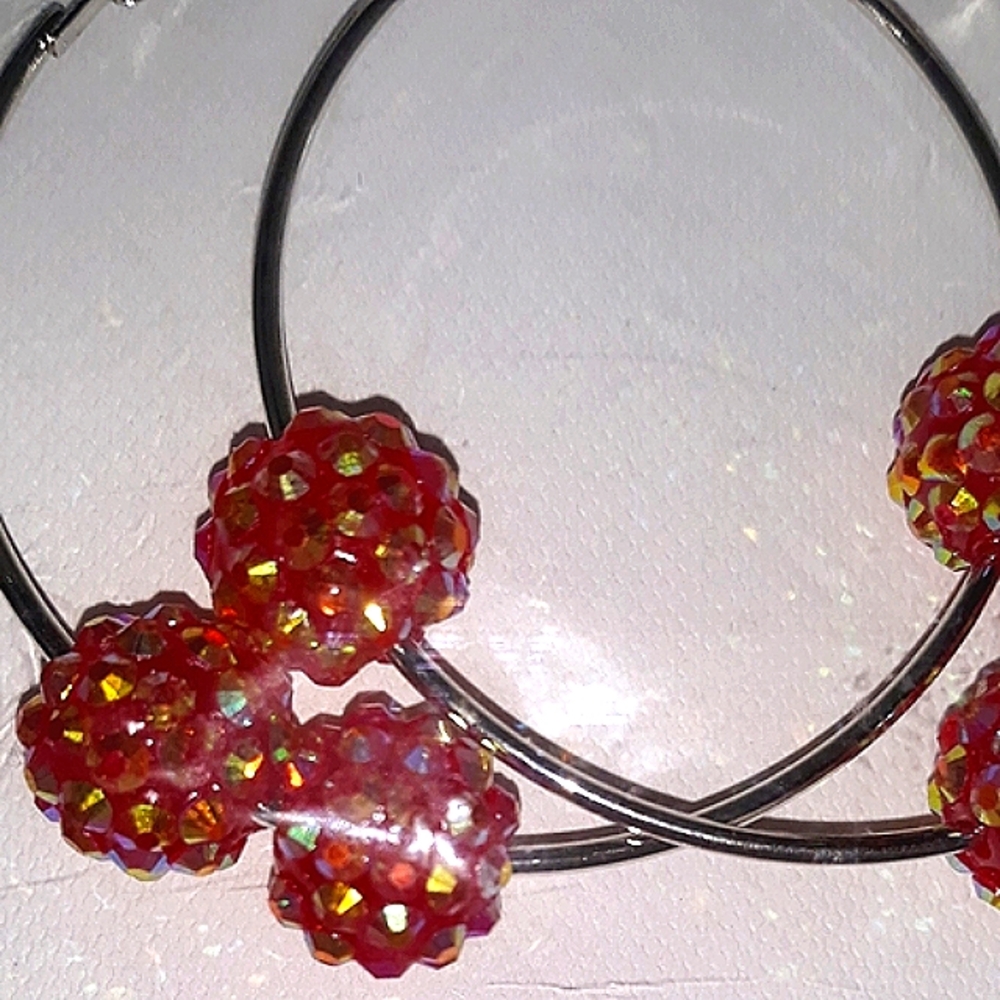 AnthropologieSilver Hoop Earrings Red Pink Rasberry bling color beads. NEW